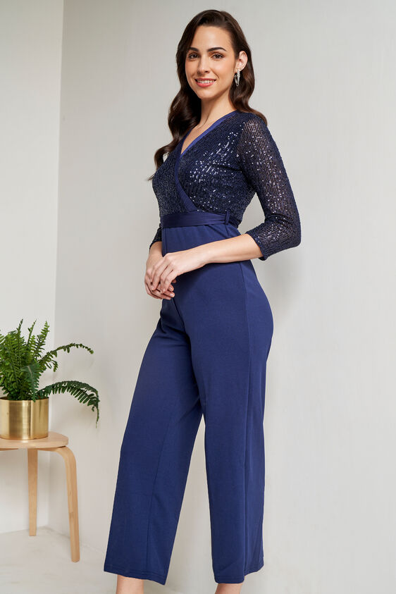Navy Blue Self Design Straight Jumpsuit, Navy Blue, image 2